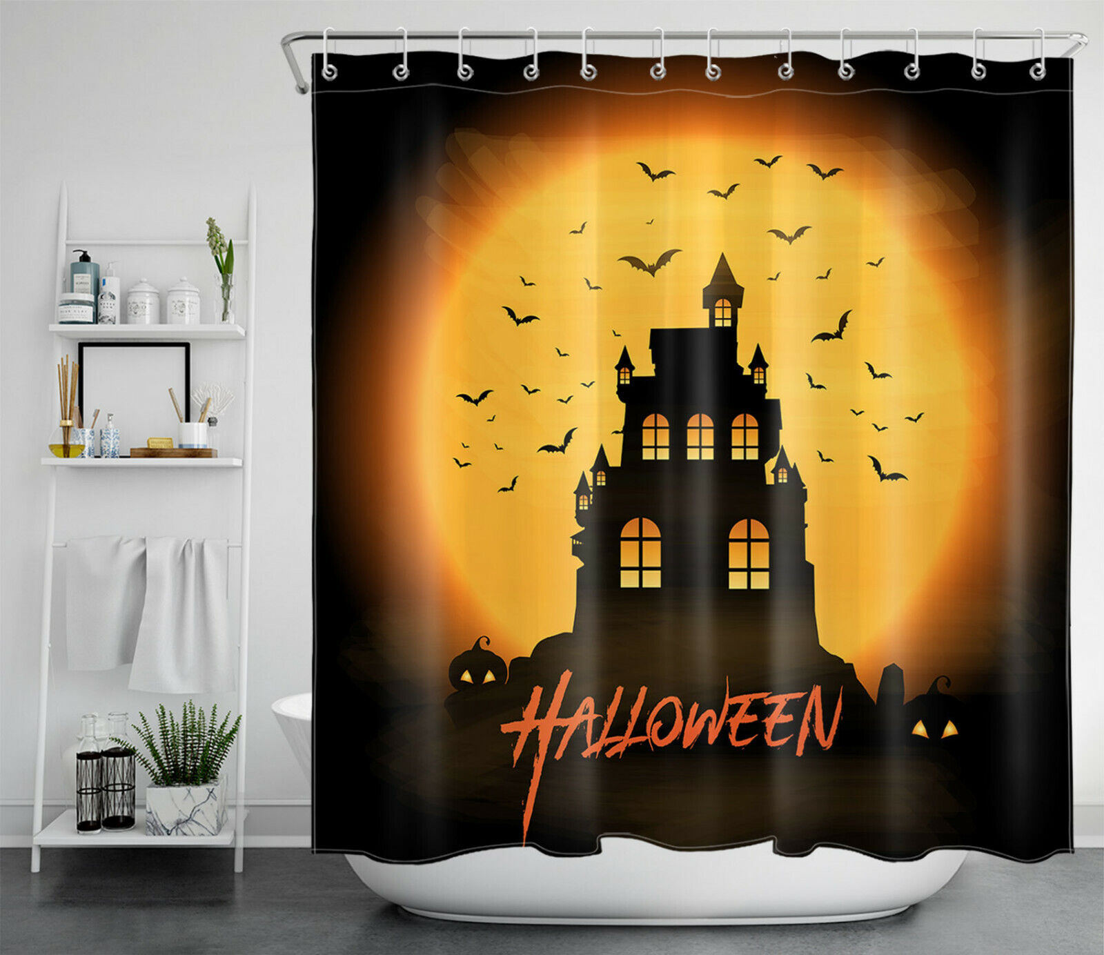 Moon Castle, Pumpkin, And Bat Swarm Shower Curtain - Rustic Halloween Theme