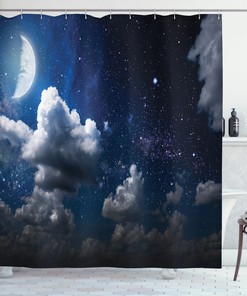 Moon Clouds and Stars Night Space Shower Curtain for a Surreal Bathroom