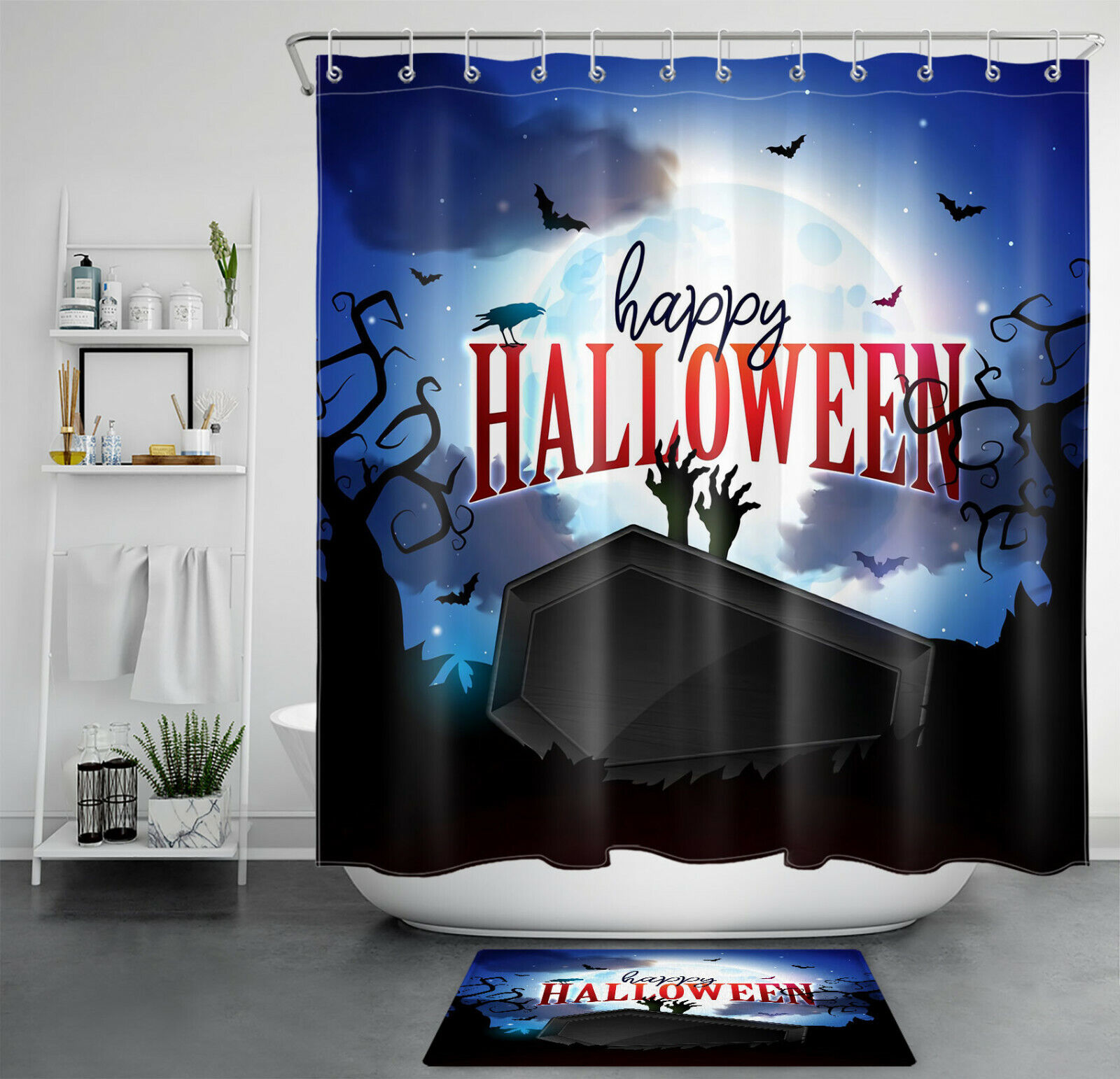 Moon Coffin, Horror, And Zombie Shower Curtain - Scary Halloween Decor