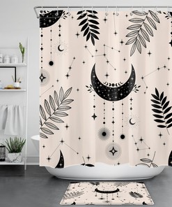 Moon Constellation Shower Curtain - Bohemian Black Leaf Bathroom Decor