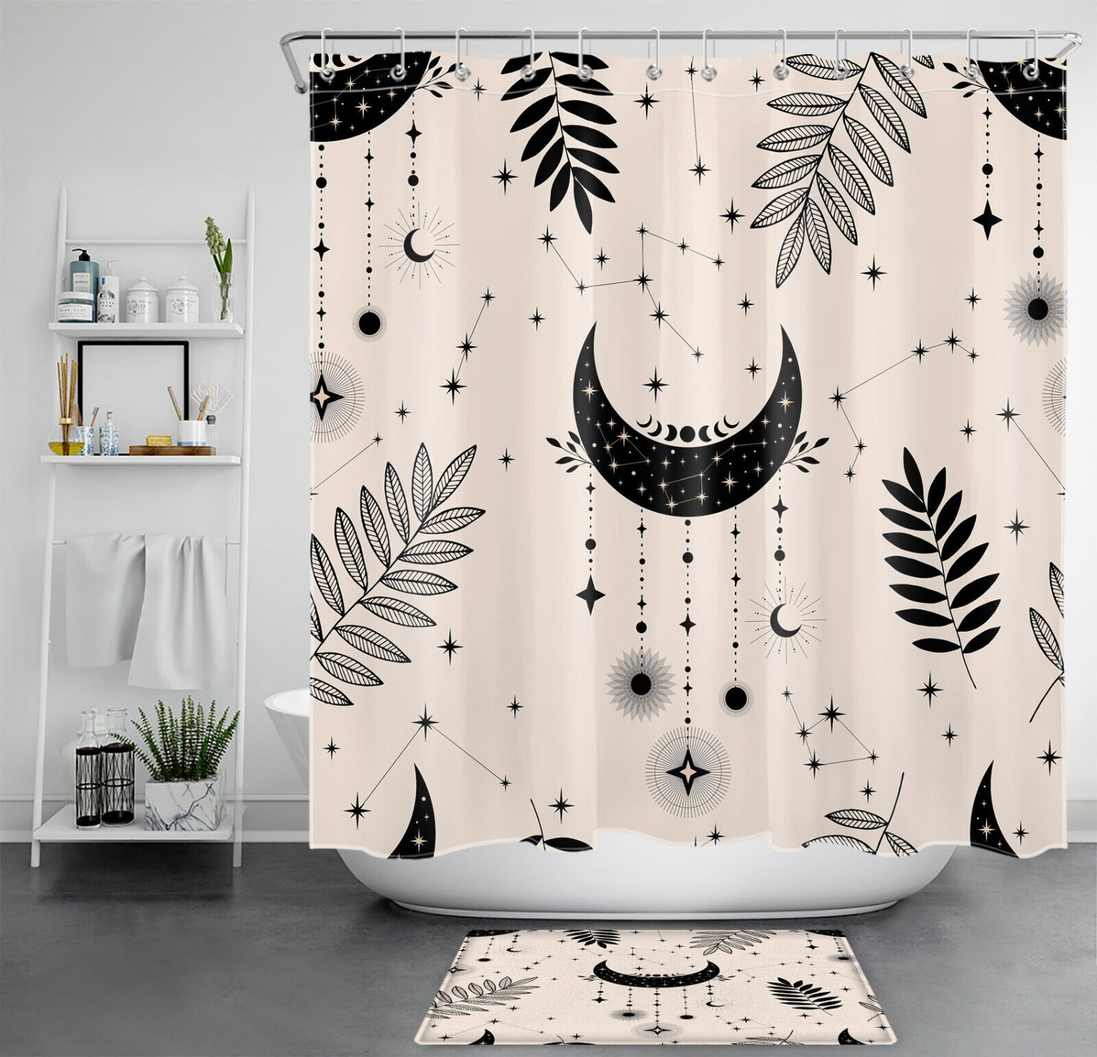 Moon Constellation Shower Curtain - Bohemian Black Leaf Bathroom Decor