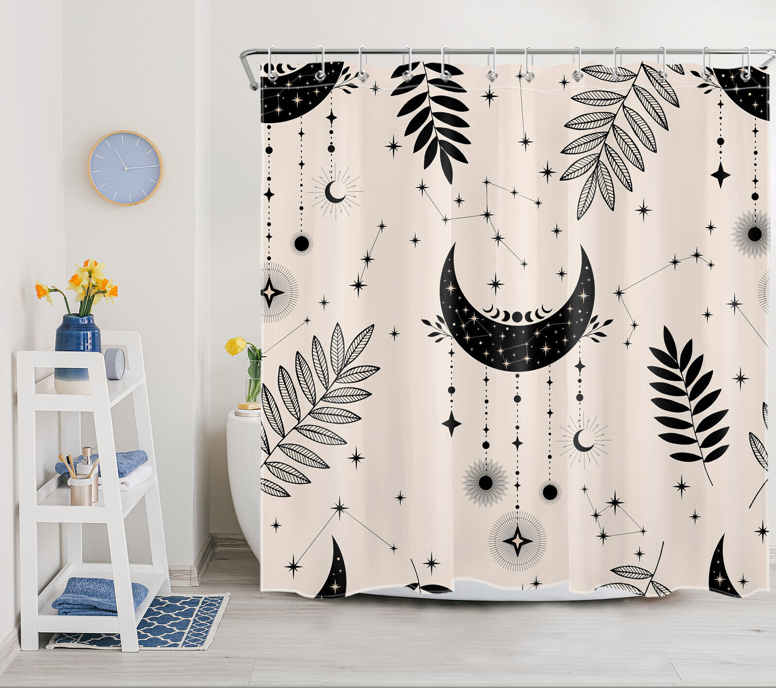 Moon Constellation Shower Curtain - Bohemian Black Leaf Bathroom Decor - Image 2