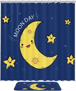 Moon Day Shower Curtain: Celestial Bathroom Decor with White Illustration and Simplistic Design