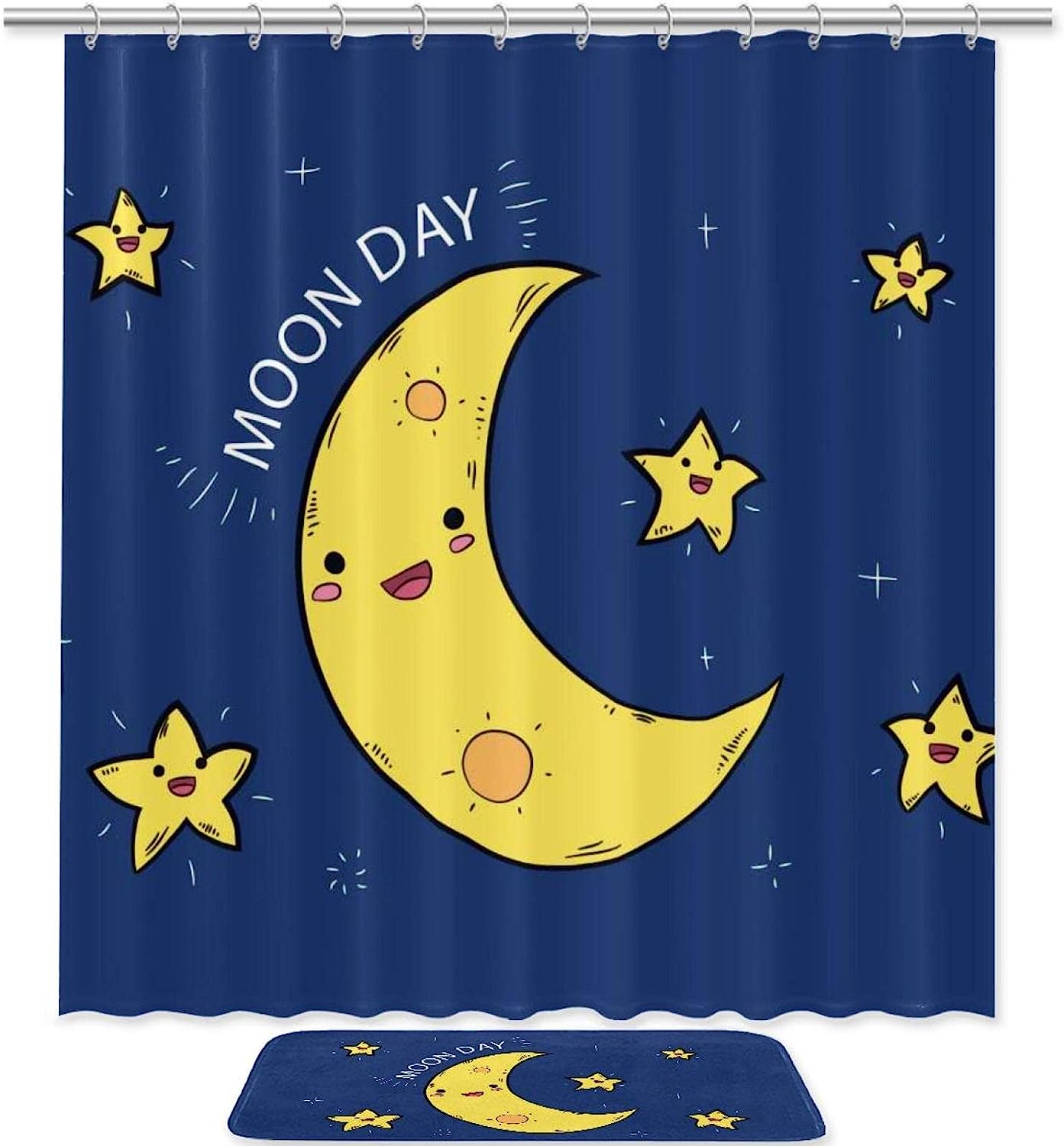 Moon Day Shower Curtain: Celestial Bathroom Decor with White Illustration and Simplistic Design