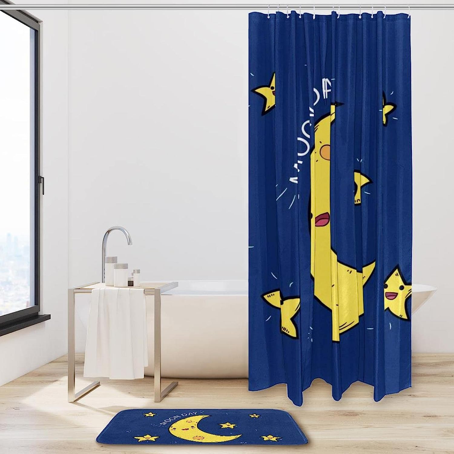 Moon Day Shower Curtain: Celestial Bathroom Decor with White Illustration and Simplistic Design