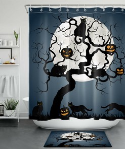Moon Dead Tree, Pumpkin, And Black Cat Shower Curtain - Rustic Halloween Design