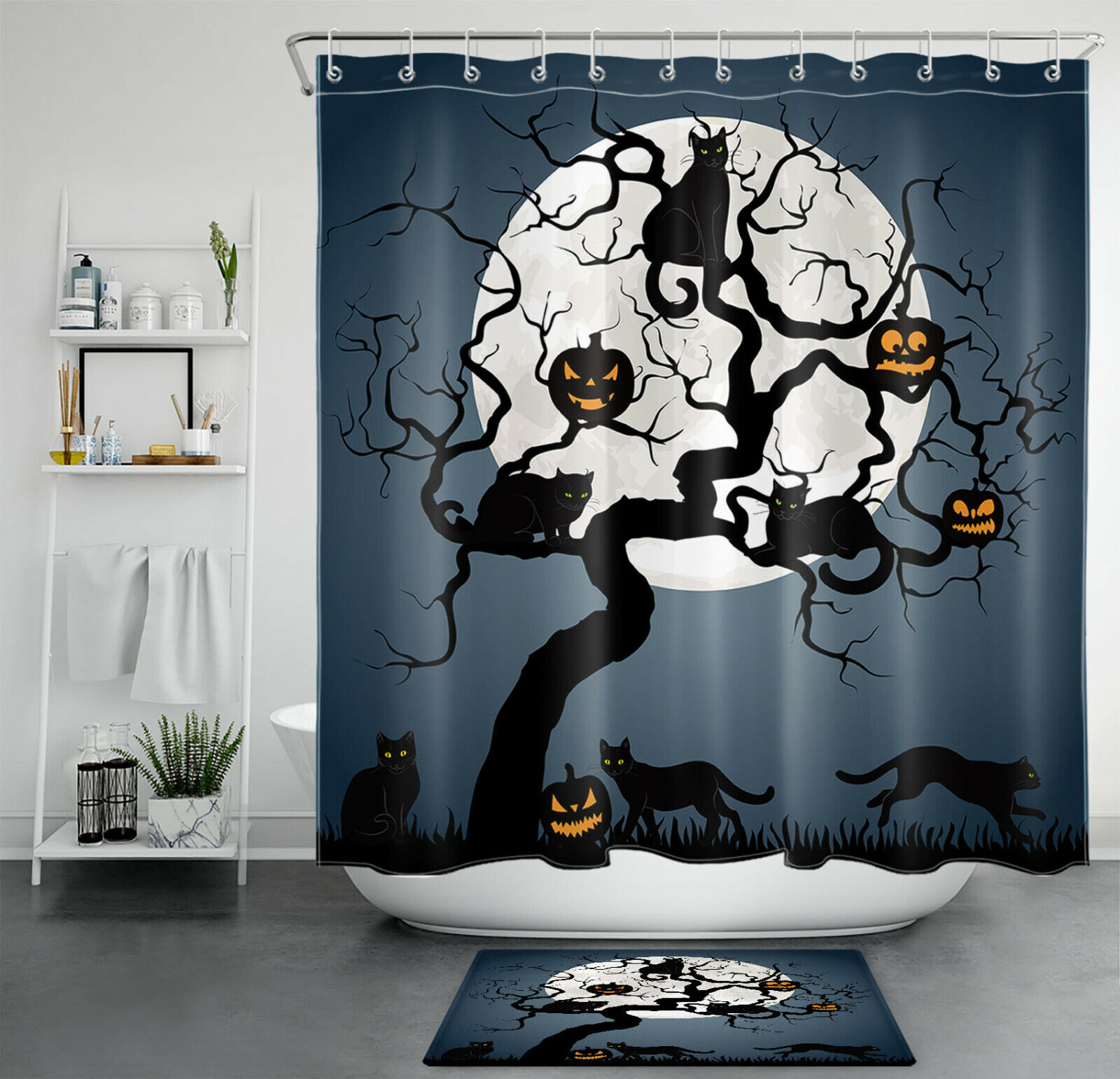Moon Dead Tree, Pumpkin, And Black Cat Shower Curtain - Rustic Halloween Design