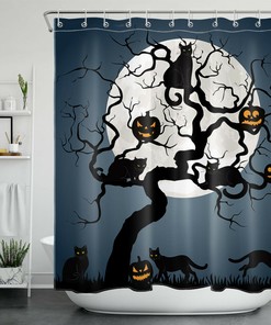 Moon Dead Tree, Pumpkin, And Black Cat Shower Curtain - Rustic Halloween Design
