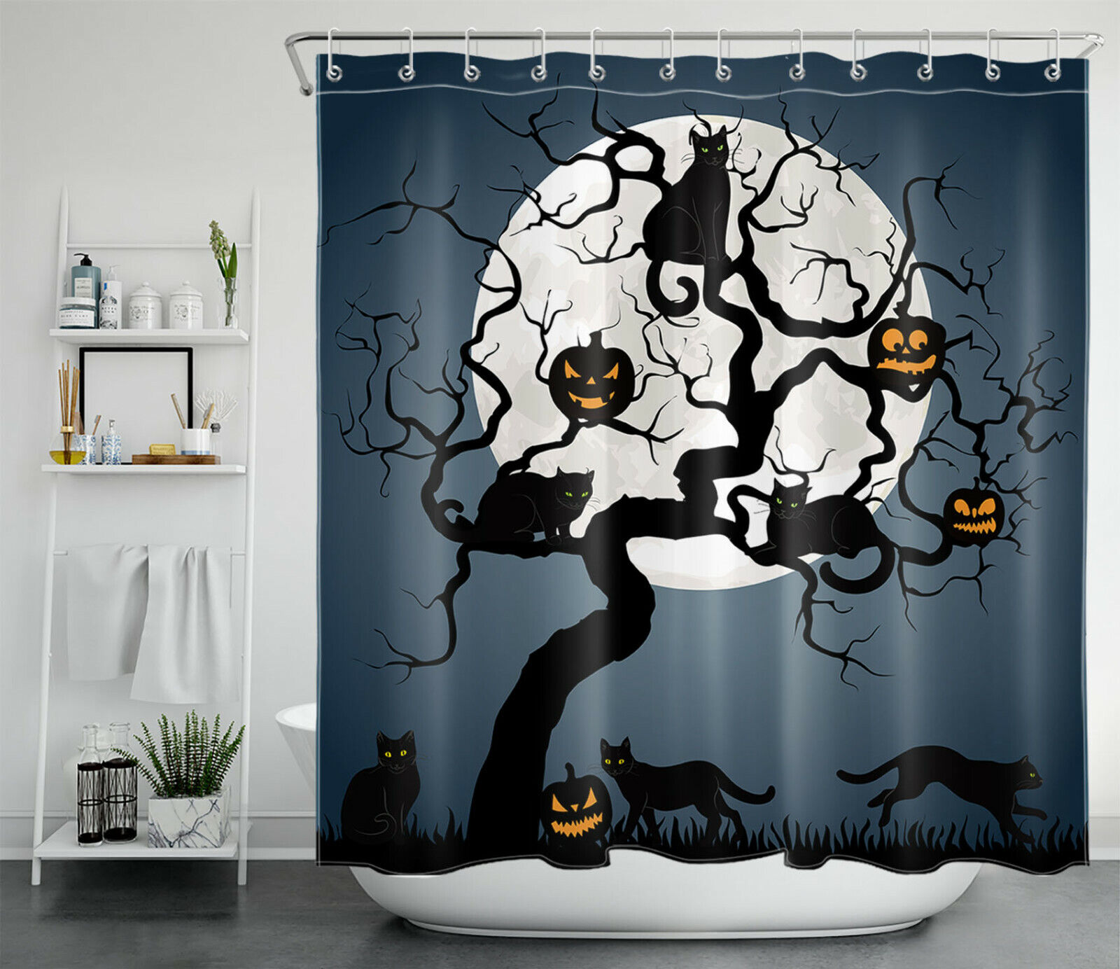 Moon Dead Tree, Pumpkin, And Black Cat Shower Curtain - Rustic Halloween Design