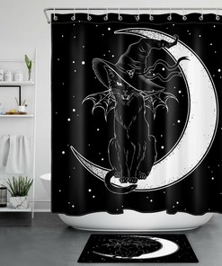 Moon Demon, Black Cat, And Wizard Shower Curtain - Spooky And Scary Bathroom Decor