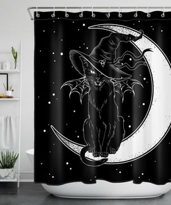 Moon Demon, Black Cat, And Wizard Shower Curtain - Spooky And Scary Bathroom Decor