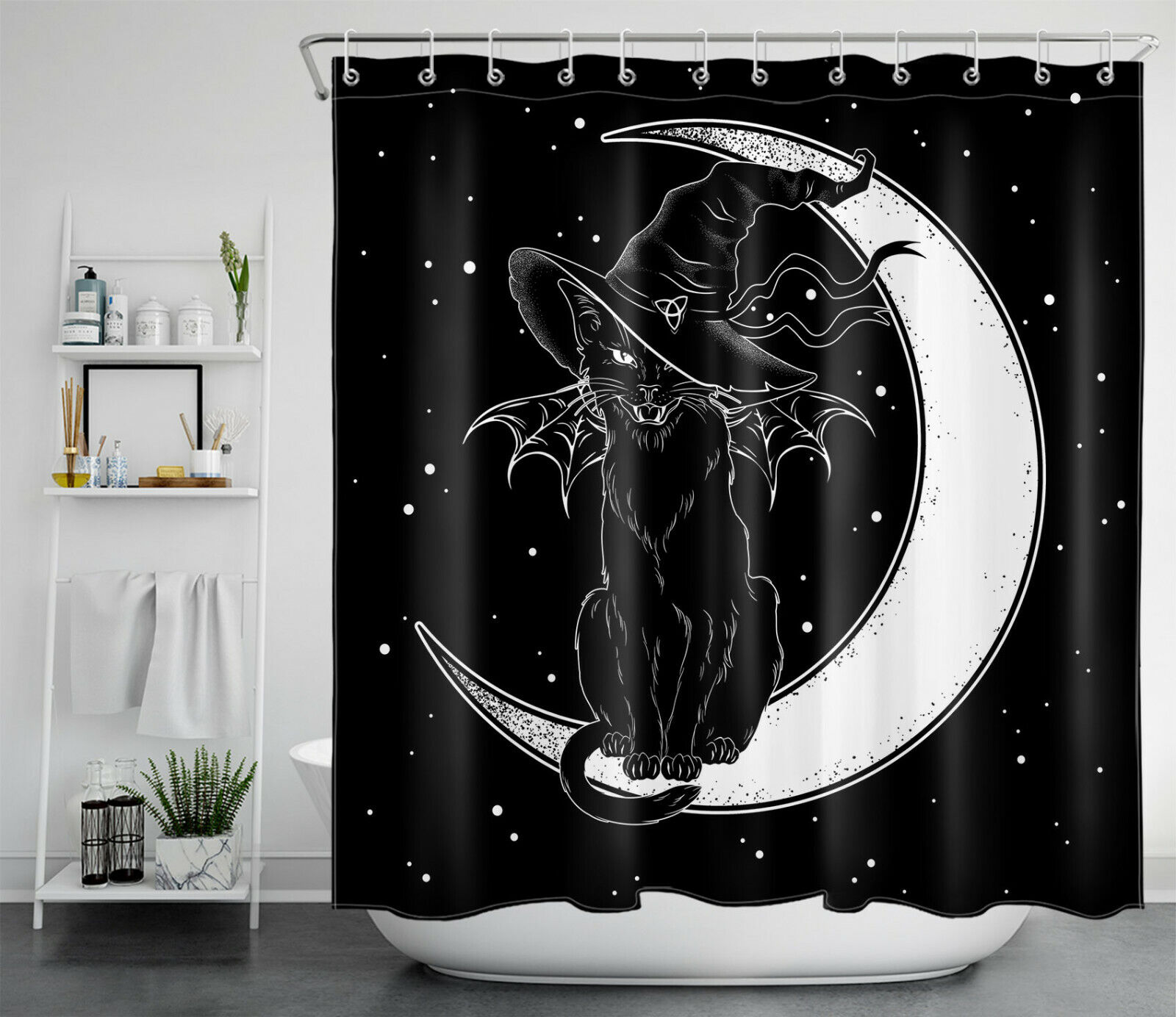 Moon Demon, Black Cat, And Wizard Shower Curtain - Spooky And Scary Bathroom Decor
