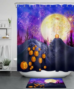 Moon Forest, Mountain, And Pumpkin Lantern Shower Curtain - Rustic Halloween Design