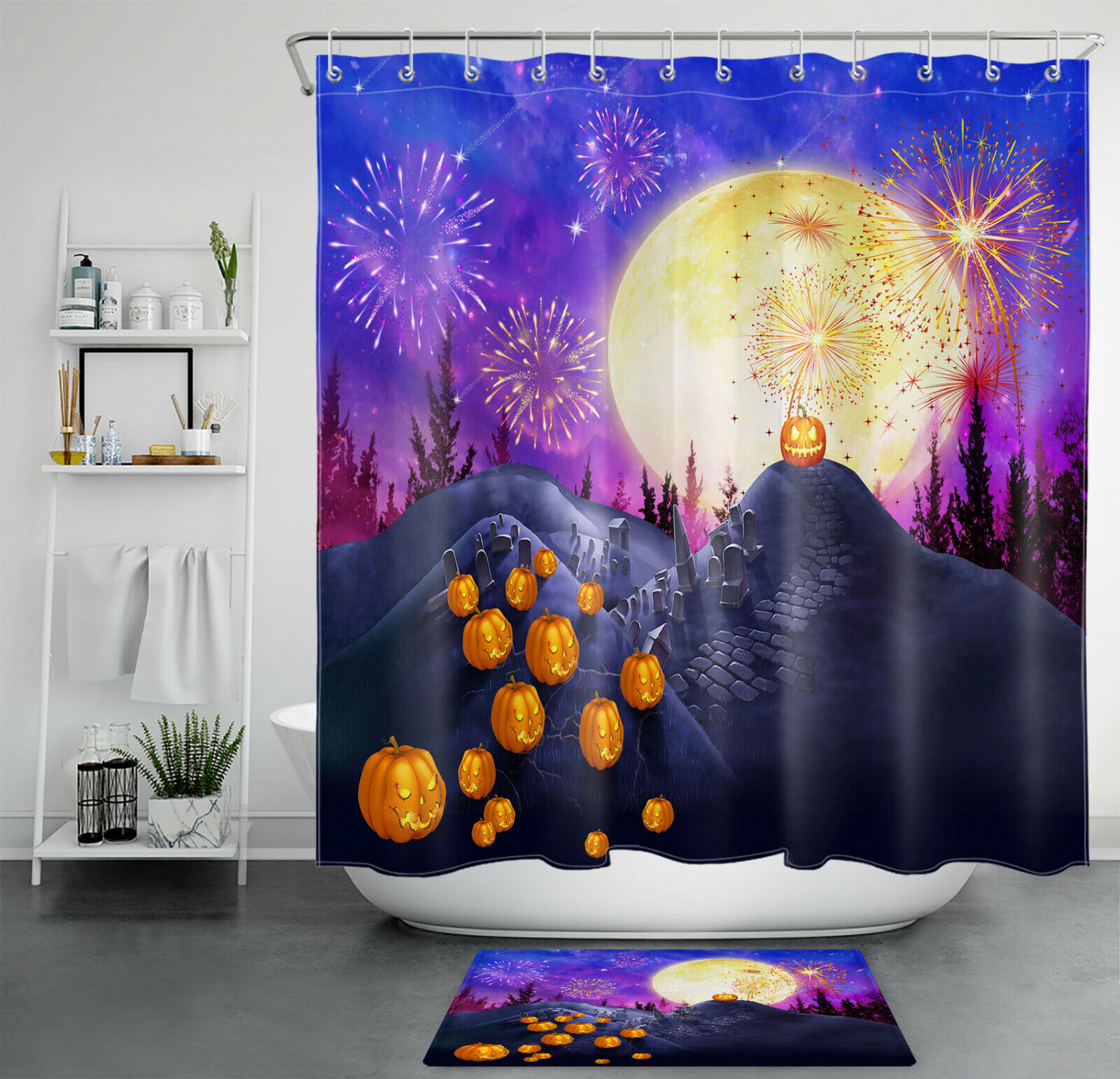 Moon Forest, Mountain, And Pumpkin Lantern Shower Curtain - Rustic Halloween Design