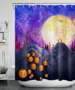Moon Forest, Mountain, And Pumpkin Lantern Shower Curtain - Rustic Halloween Design