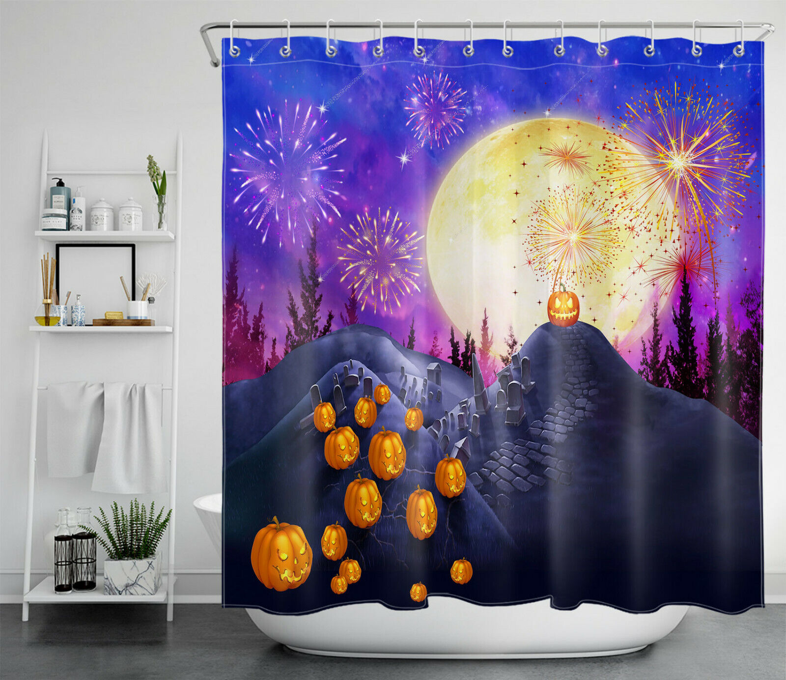 Moon Forest, Mountain, And Pumpkin Lantern Shower Curtain - Rustic Halloween Design