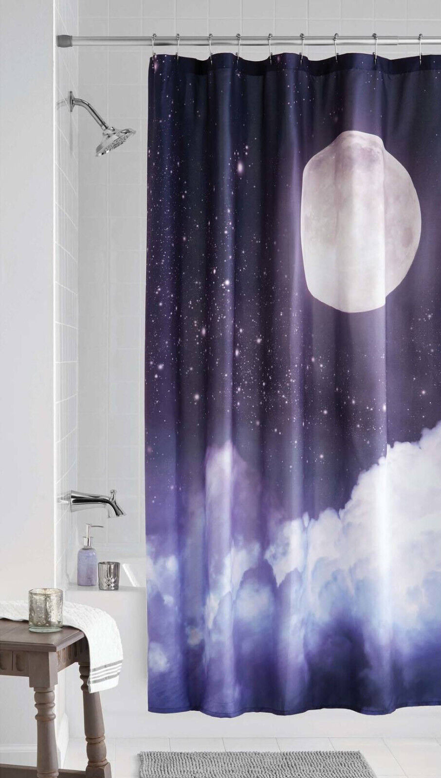 Moon Galaxy Fabric Shower Curtain: Celestial Bathroom Dcor with Clouds, Stars, and Planets