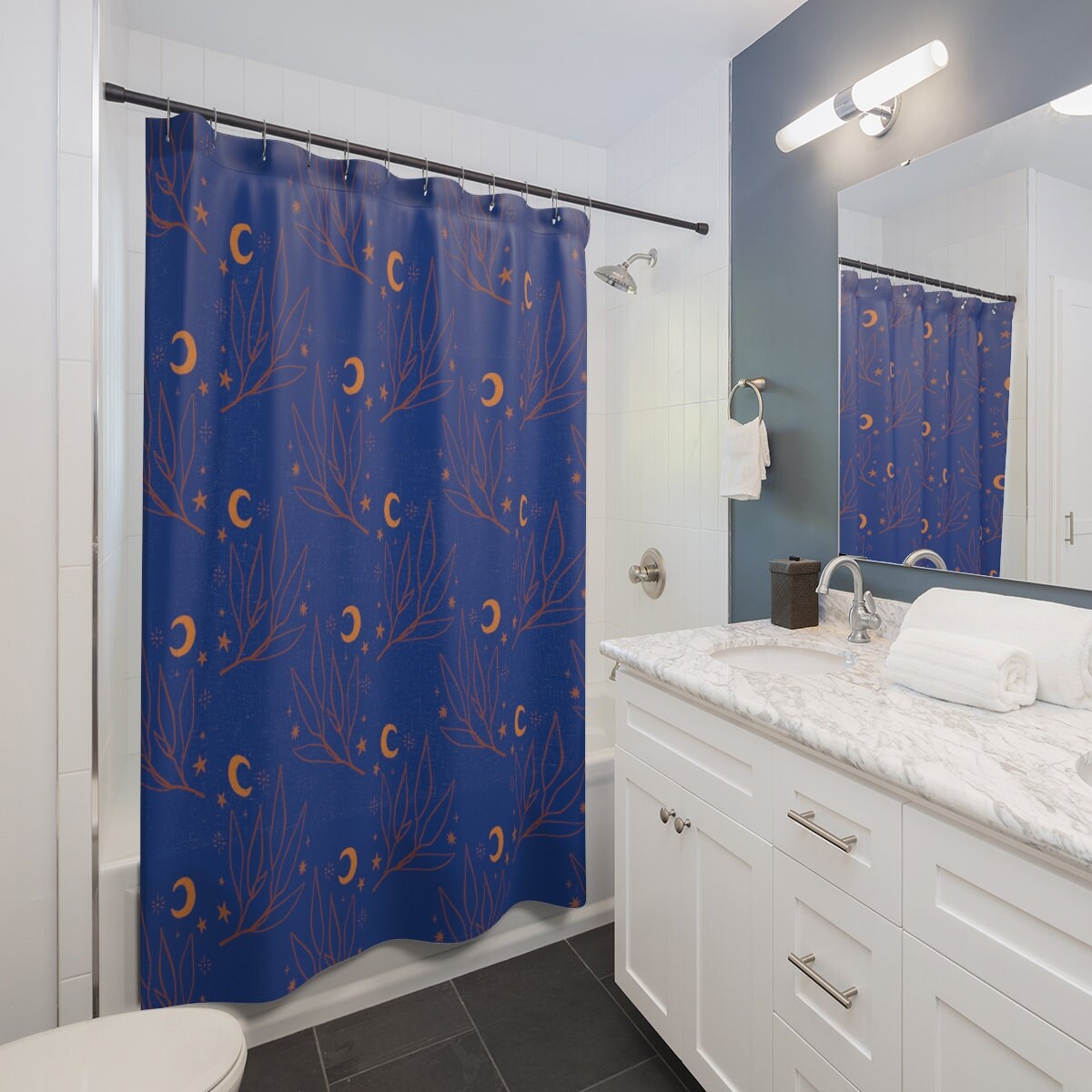 Moon Garden Shower Curtain: Floral and Botanical Rustic Bathroom Dcor with Watercolor Design
