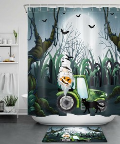 Moon Gnome, Green Truck, And Black Cat Shower Curtain - Cute And Quirky Bathroom Decor