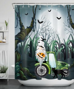 Moon Gnome, Green Truck, And Black Cat Shower Curtain - Cute And Quirky Bathroom Decor