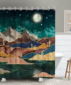 Moon Landscape Mountain Shower Curtain with Nature and Art Elements, Futuristic Bathroom Decor 