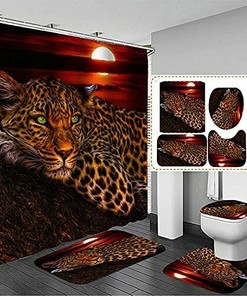 Moon Leopard Cheetah Print Shower Curtain Set with Toilet Mat and Lid Cover