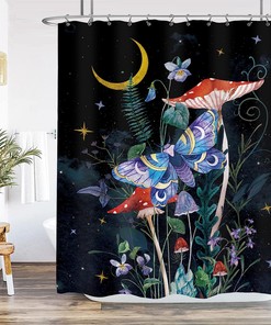 Moon Moth Shower Curtain Vintage Mystic Purple Night Starry Sky Nature Floral Bathroom