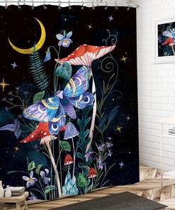 Moon Moth Shower Curtain Vintage Mystic Purple Night Starry Sky Nature Floral Bathroom