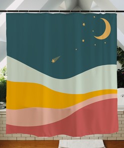 Moon Mountain Star Print Shower Curtain, 71x71in, Minimalist Design