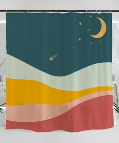 Moon Mountain Star Print Shower Curtain, 71x71in, Minimalist Design