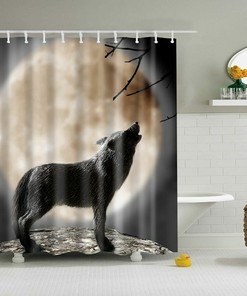Moon Night Sky Howl of a Wolf Design Waterproof Fabric Shower Curtain