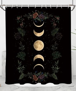 Moon Phase Floral Shower Curtain For Space-Themed Bathroom