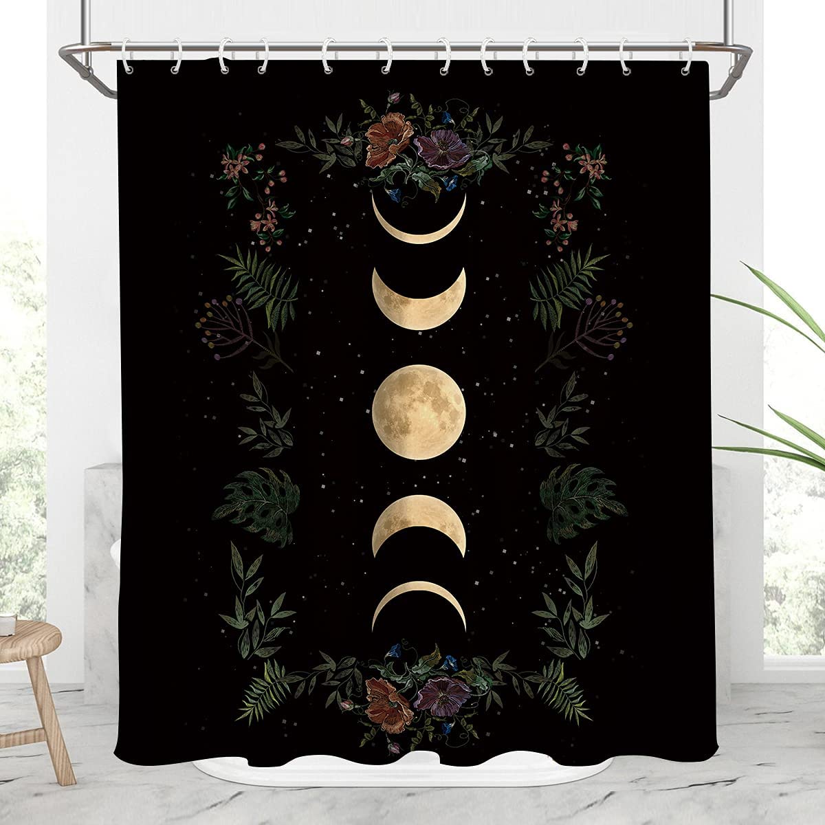 Moon Phase Floral Shower Curtain For Space-Themed Bathroom
