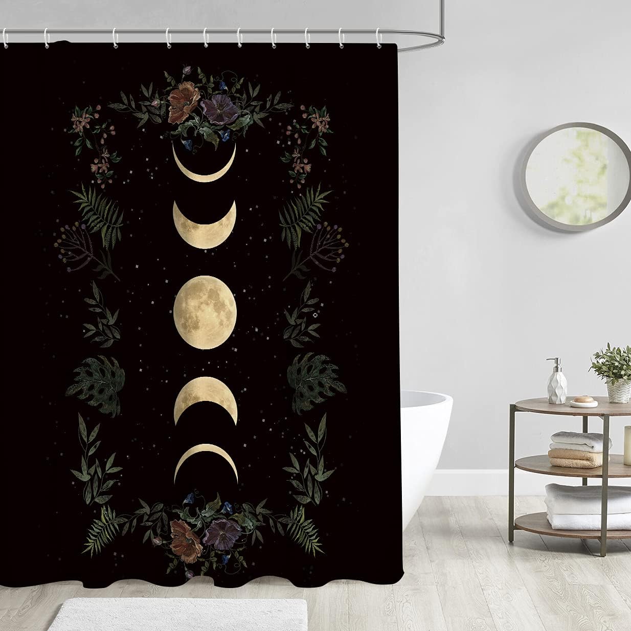 Moon Phase Floral Shower Curtain For Space-Themed Bathroom - Image 2