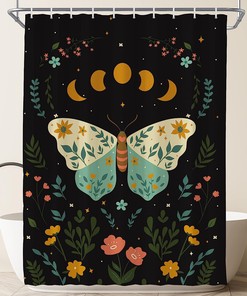 Moon Phase Gothic Vintage Floral Butterfly Shower Curtain, Unique Bathroom Curtain with Witchy Theme and Visioun Keyword