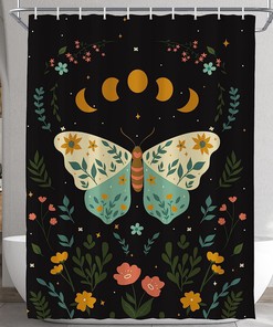 Moon Phase Gothic Vintage Floral Butterfly Shower Curtain, Unique Bathroom Curtain with Witchy Theme and Visioun Keyword