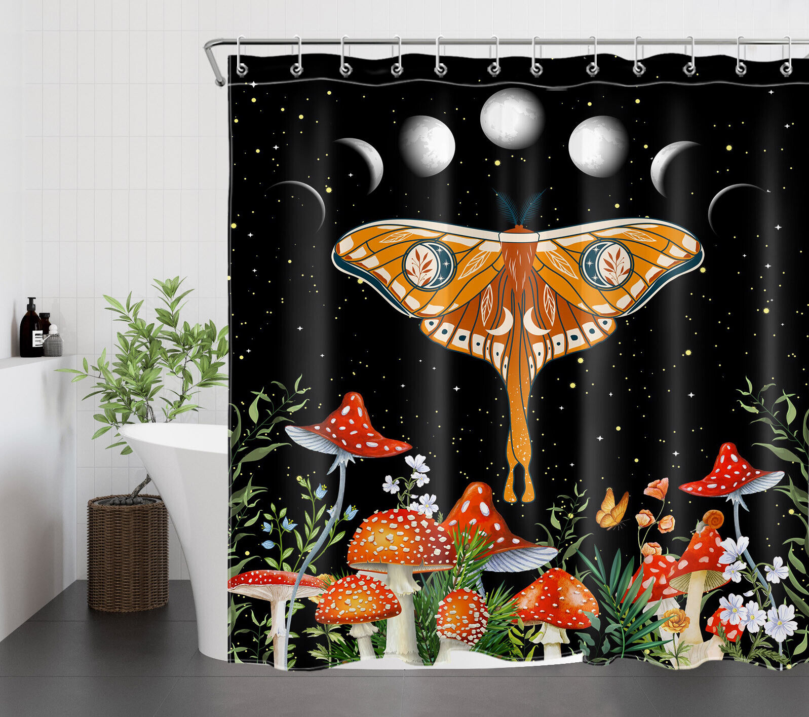 Moon Phase Starry Sky Shower Curtain with Moth Mushroom Plant Bathroom Accessories