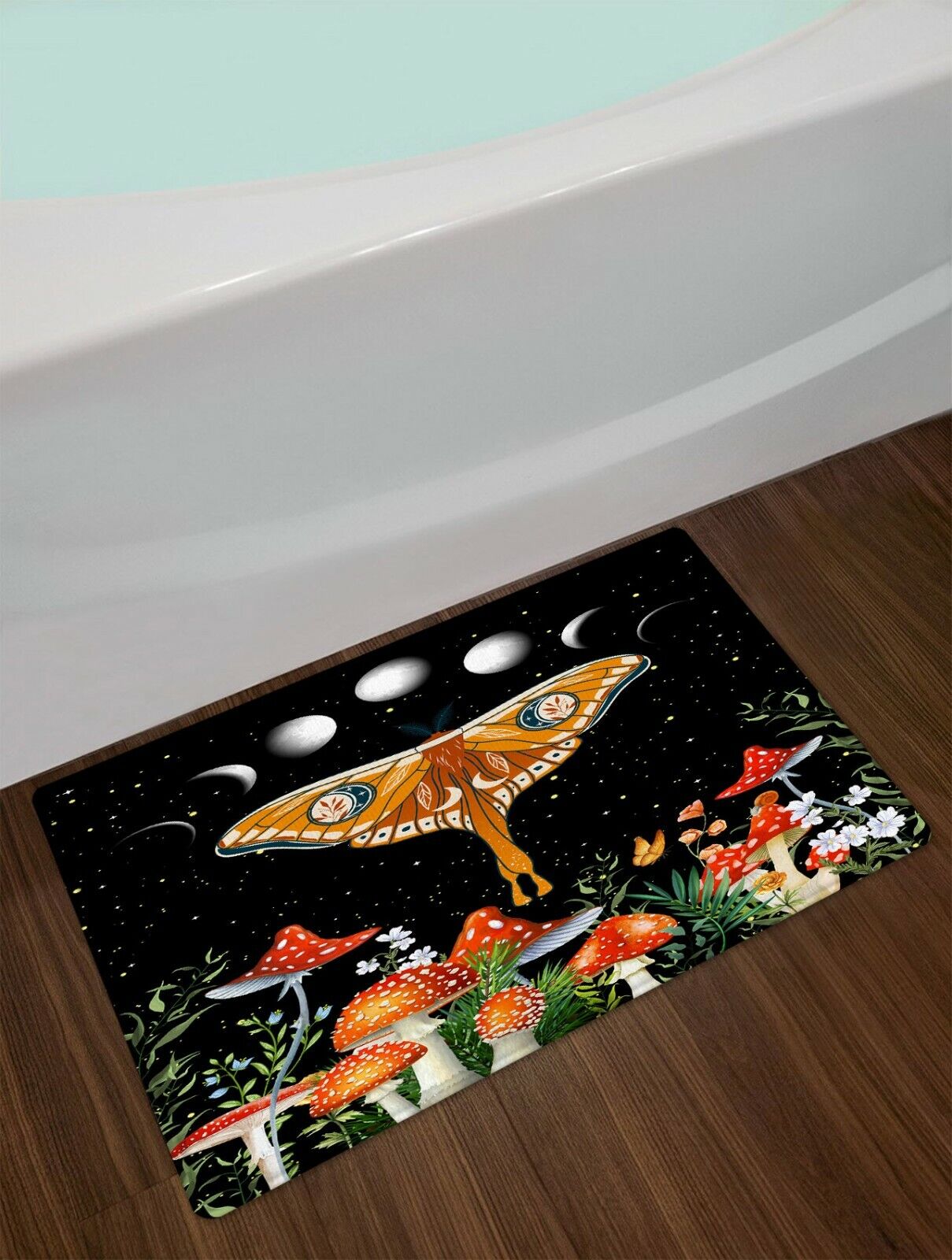 Moon Phase Starry Sky Shower Curtain with Moth Mushroom Plant Bathroom Accessories