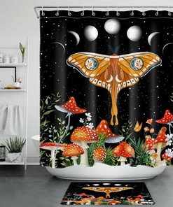 Moon Phase Starry Sky Shower Curtain with Moth Mushroom Plant Bathroom Decor