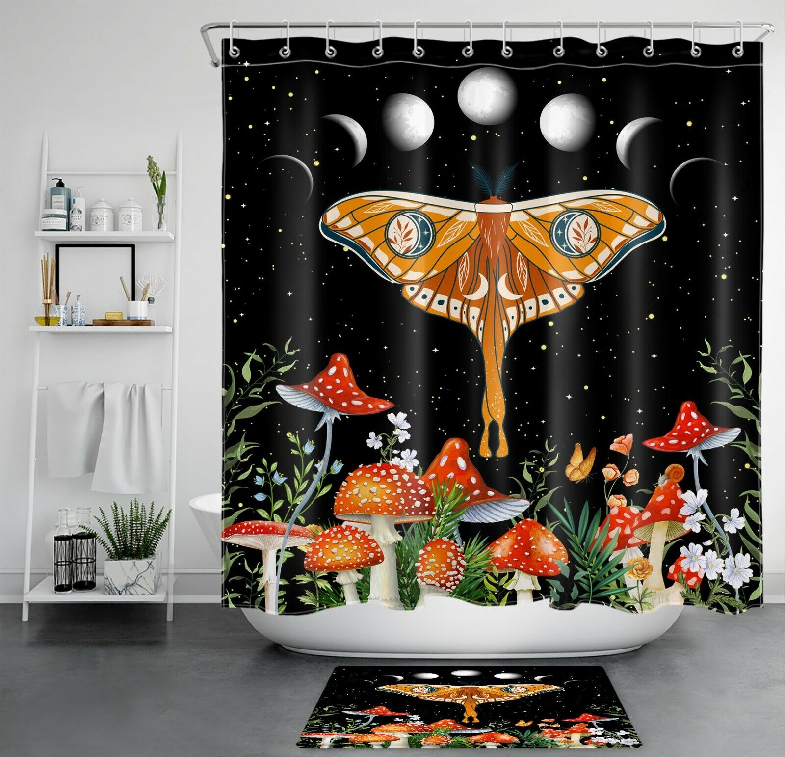 Moon Phase Starry Sky Shower Curtain with Moth Mushroom Plant Bathroom Decor