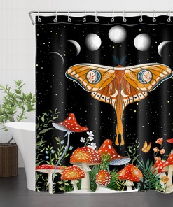 Moon Phase Starry Sky Shower Curtain with Moth Mushroom Plant Bathroom Decor