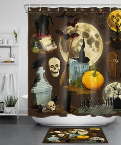 Moon Pumpkin, Skull, And Tombstone Shower Curtain - Spooky Halloween Theme