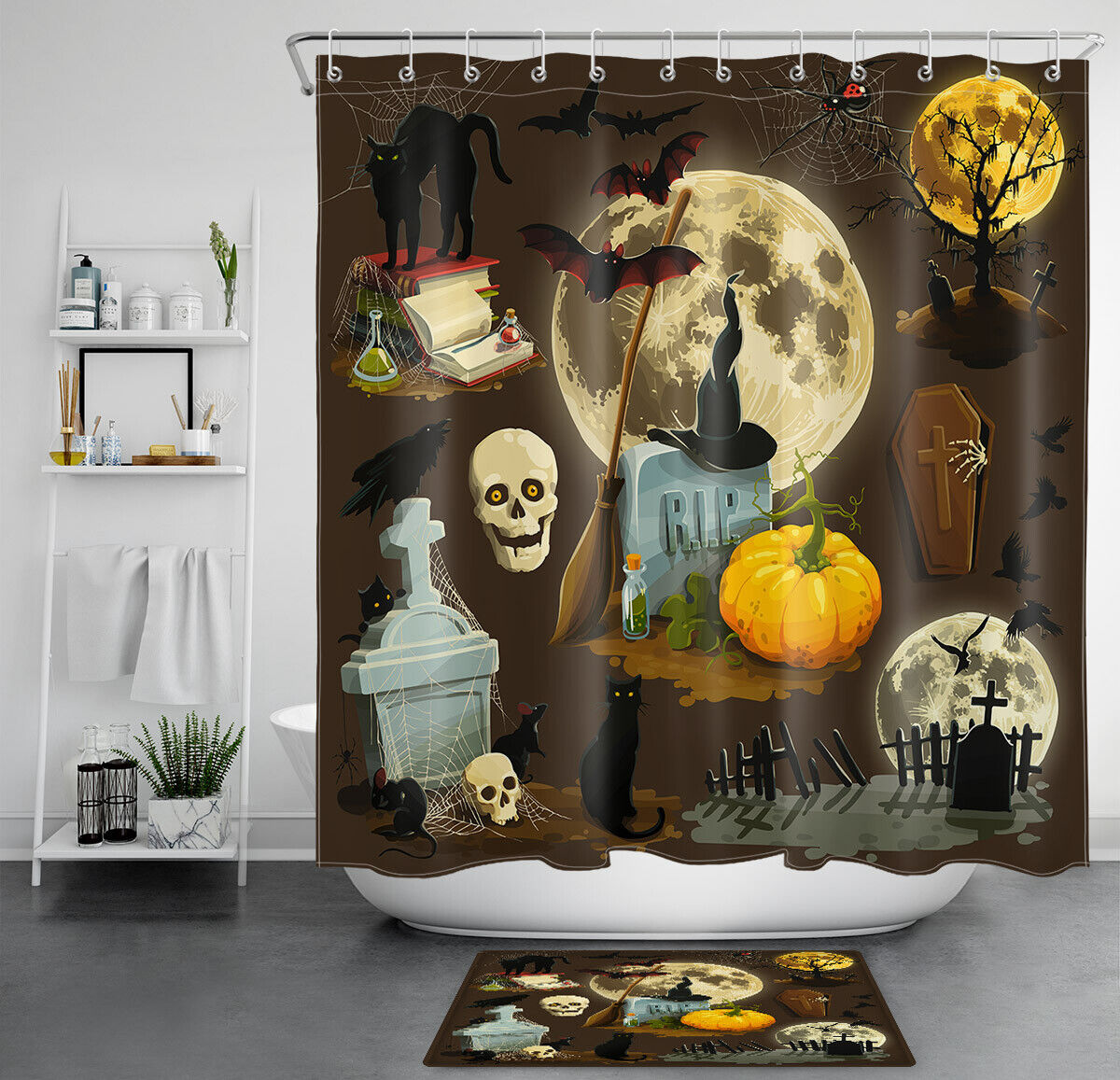 Moon Pumpkin, Skull, And Tombstone Shower Curtain - Spooky Halloween Theme