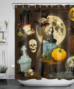 Moon Pumpkin, Skull, And Tombstone Shower Curtain - Spooky Halloween Theme