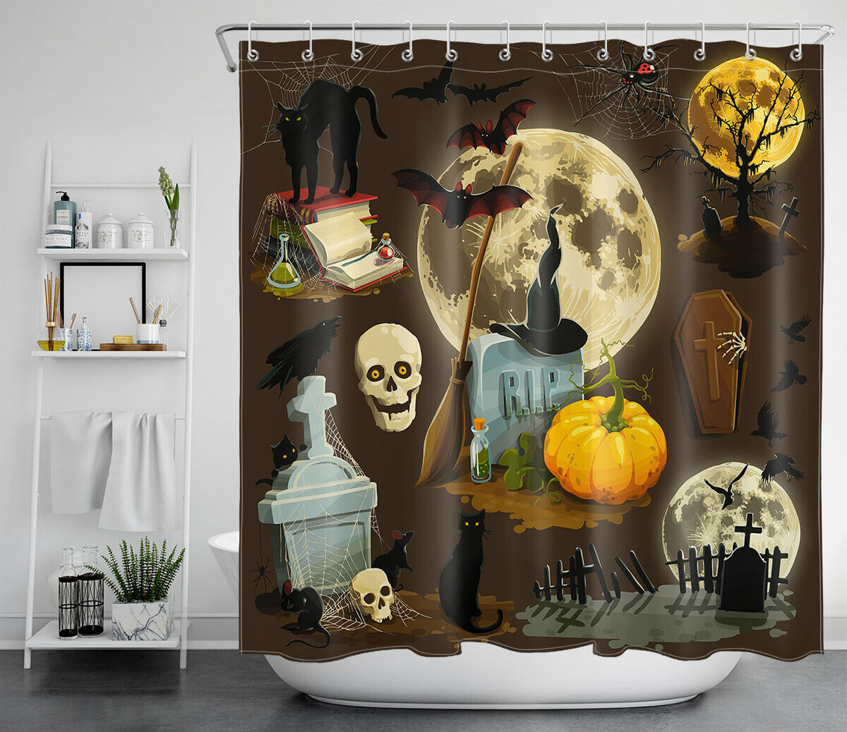 Moon Pumpkin, Skull, And Tombstone Shower Curtain - Spooky Halloween Theme