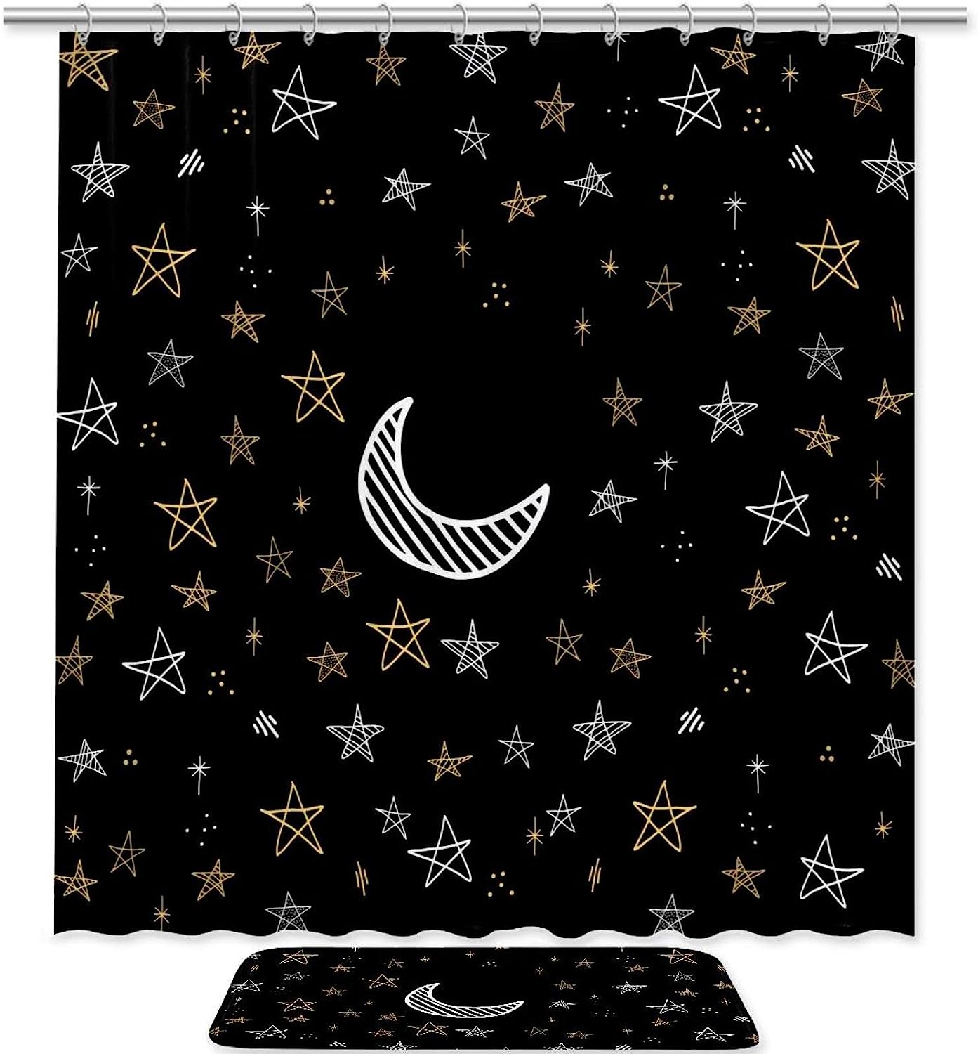 Moon Star Night Shower Curtain for Celestial Bathroom Decor with a Travel Theme.
