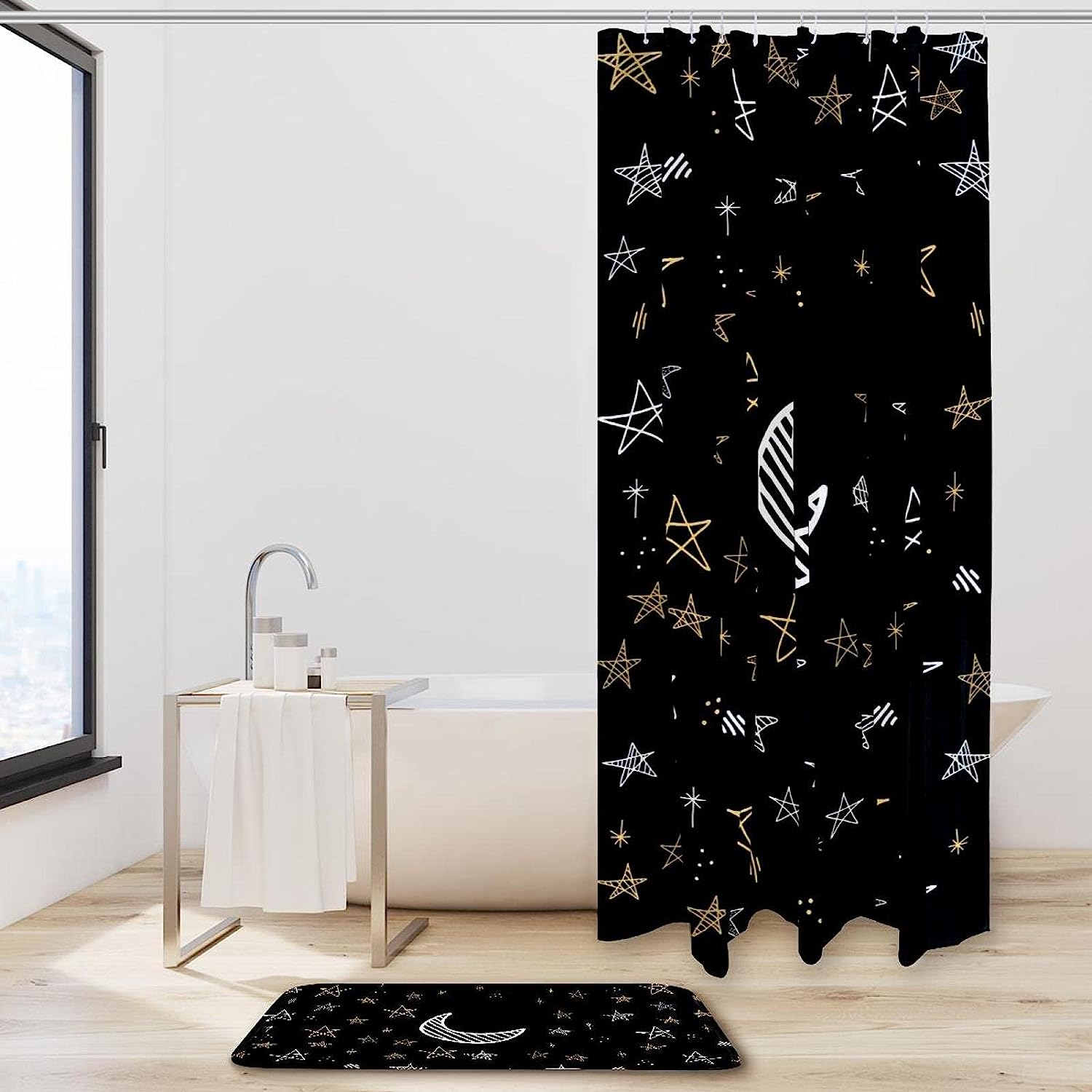 Moon Star Night Shower Curtain for Celestial Bathroom Decor with a Travel Theme.