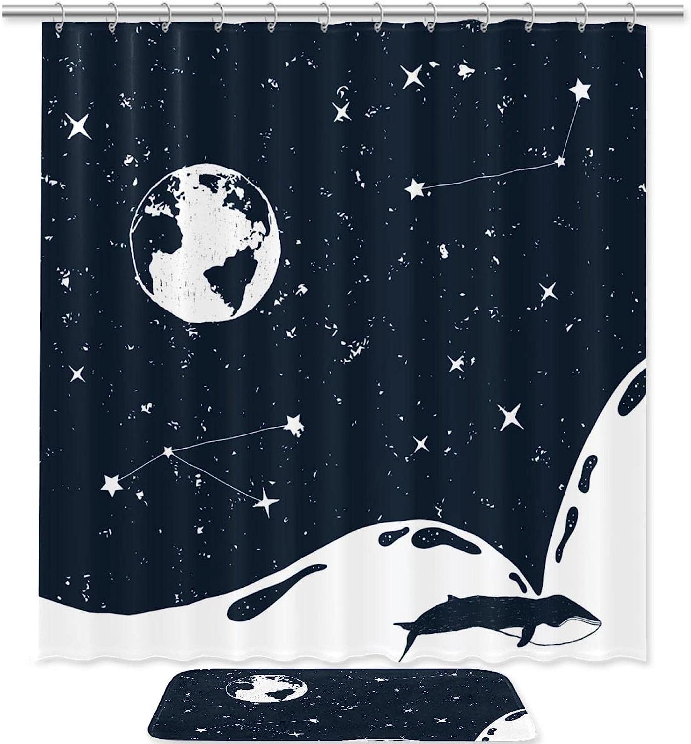 Moon Star Sky Whale Printed Bathroom Tub Set With Waterproof Fabric Shower Curtain
