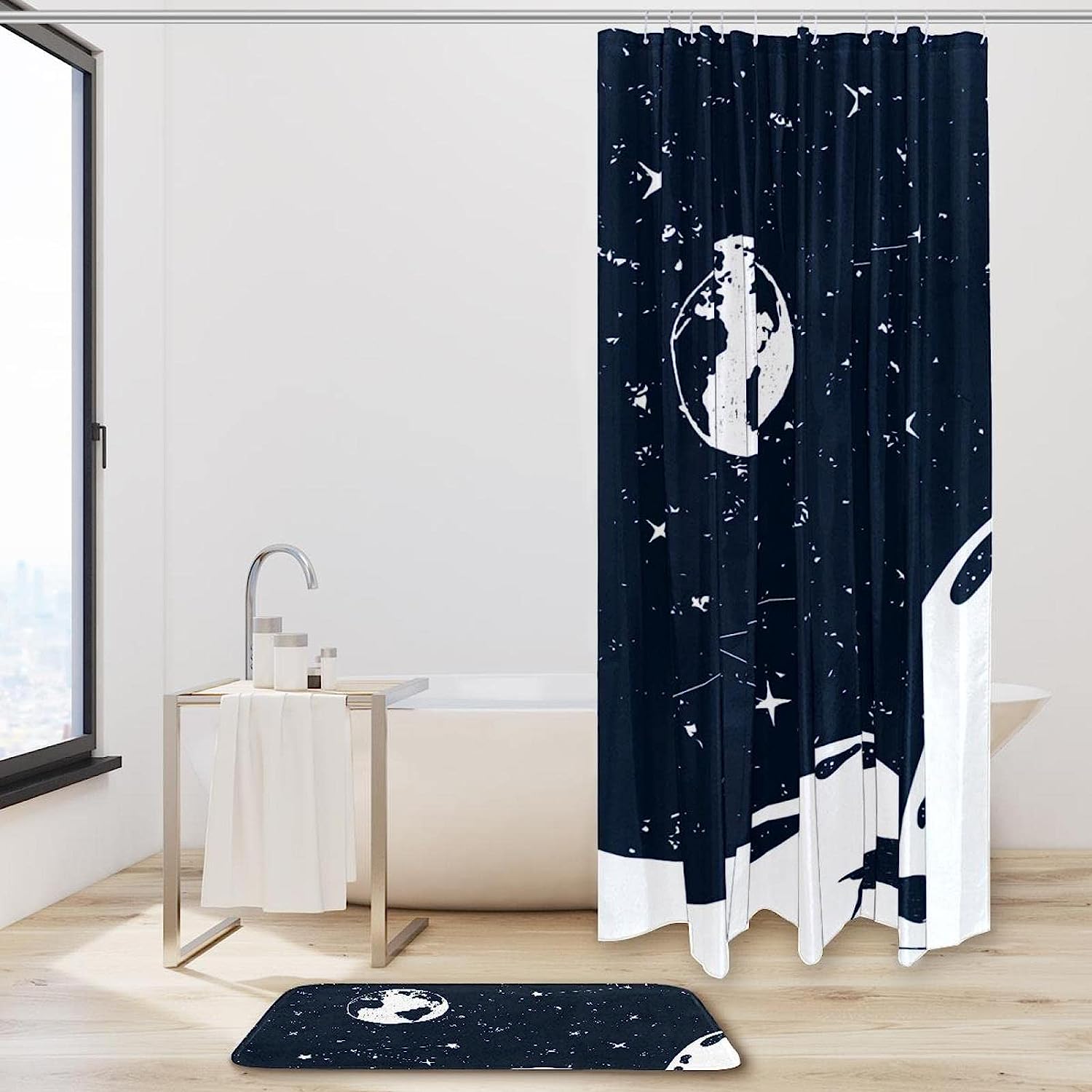 Moon Star Sky Whale Printed Bathroom Tub Set With Waterproof Fabric Shower Curtain - Image 2