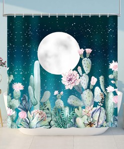 Moon Star Teal Blue Cactus Shower Curtain for Modern Bathroom Decor